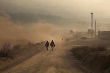 People walking on dirt roads next to mining facilities, dust in the air, calm expression – documentary style.