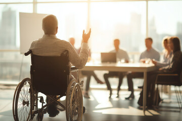 Person in wheelchair leading presentation in boardroom, colleagues engaged and supportive, light and airy setting.