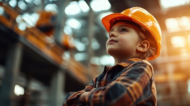 A young child wearing a safety helmet gazes up with ambition in a construction site, embodying dreams of future possibilities and aspirations in a hard-working environment. - Powered by Adobe