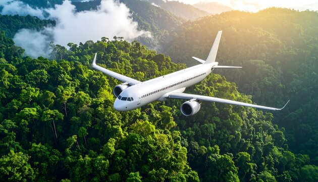 Airplane flying over lush rainforest. - Powered by Adobe