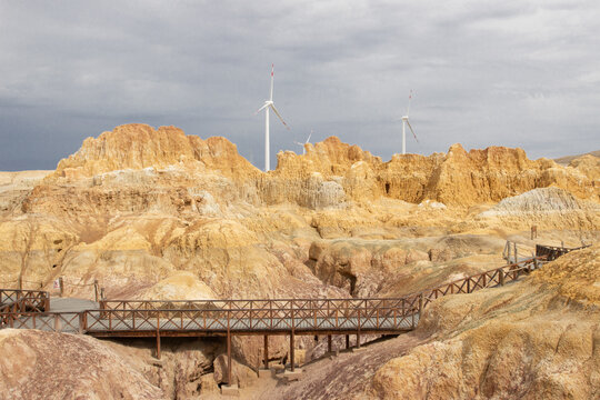 wind turbines in the desert, Danxia landform, Yadan landform