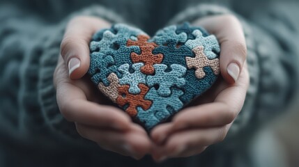 A close-up shot of hands cradling a heart made of vibrant puzzle pieces, symbolizing unity, diversity, and emotional connection in a cozy, inviting atmosphere.