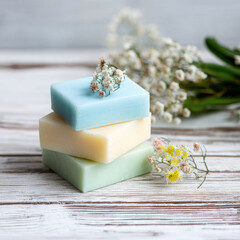 Stack of soaps in pastel colors with flowers on a white wooden surface