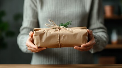 A neatly wrapped gift featuring rustic brown paper and a natural twine accent, conveying feelings of thoughtfulness and anticipation for special moments and celebrations.