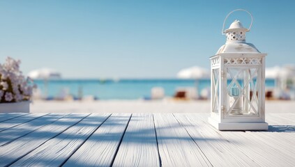 White lantern on beachside wooden table, blurred ocean background, sunny day, floral accent