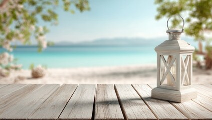 White lantern sits on a weathered wood table overlooking a tranquil beach scene with turquoise water and blurred tropical foliage