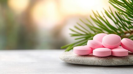 Delicate pink tablets are arranged on a smooth stone, symbolizing health and wellness, with a backdrop of nature, reflecting natural remedies and holistic care.