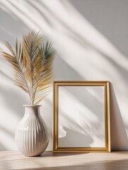 White ribbed vase with dried palm fronds next to a gold frame on a wooden surface, bathed in sunlight