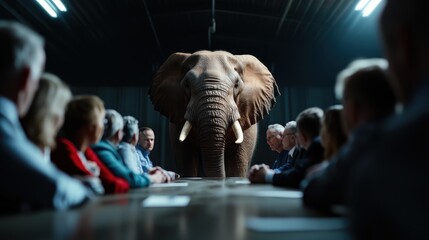 An elephant stands confidently in a boardroom, challenging conventional business norms and evoking a powerful metaphor for addressing important issues within corporate environments.