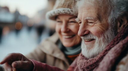 A joyful elderly couple smiles warmly at each other while enjoying a beautiful moment together outdoors, showcasing love, connection, and happiness in a serene setting.