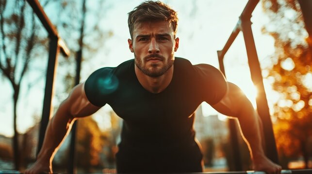A focused young man training outdoors, performing push-ups under the golden light, symbolizing determination, strength, and the pursuit of health and fitness goals.