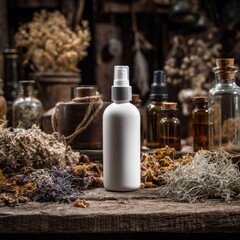 White spray bottle amidst dried herbs and apothecary jars on rustic wooden surface in dimly lit setting