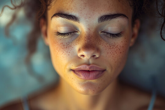A woman with freckles on her face with her eyes closed