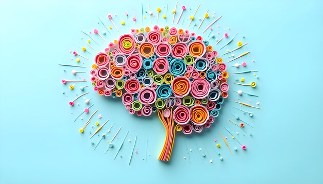 Paper-quilling brain collage symbolizing neurodiversity ADHD autism speech therapy pride