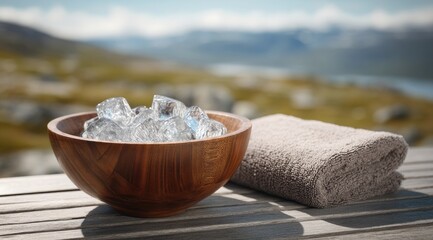 Wooden bowl filled with ice cubes rests on a deck beside a folded towel, with a mountain vista in the background