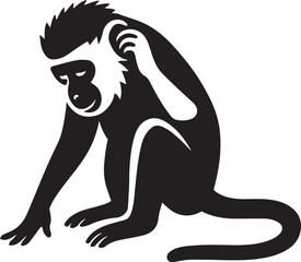 Monkey scratching ear silhouette design, Funny monkey black white vector drawing