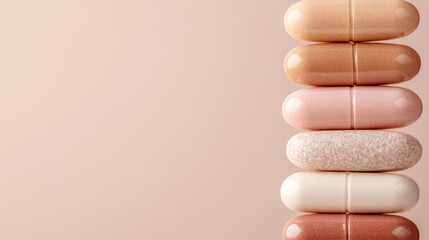 A collection of soft pastel-colored capsules arranged beautifully to symbolize health and wellness, offering a serene and appealing visual for potential buyers.