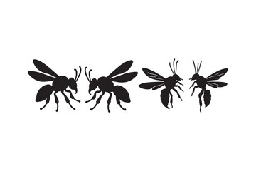 Wasp Insect Silhouette Pair Collection Black Flying Bug Vector Icons