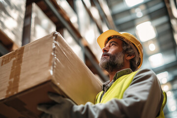 Warehouse employee lifting box with visible safety equipment, soft shadow and neutral tones.