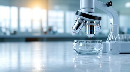 A detailed view of a modern microscope accompanied by glassware, showcasing the essential tools for conducting scientific research in a laboratory environment.