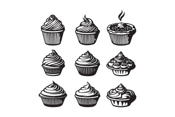 Bold Black Cupcake Icon Set Vintage Bakery Clipart with Frosted Desserts