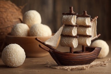 Wooden ship crafted from coconut, sits amidst a bowl of coconut bonbons on a rustic wooden table