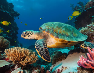 Fototapeta premium sea turtle swimming, ocean scene background, turtle with group of colorful fish and sea animals with colorful coral underwater in ocean