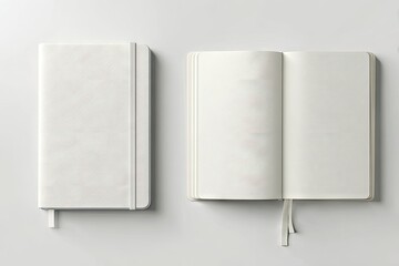 Two white notebooks one open one closed with a band on a white surface