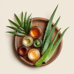 Wooden tray holds small jars of various herbal cosmetic creams and aloe vera leaves, arranged aesthetically against a beige backdrop