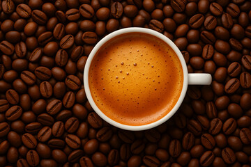 Aromatic cup of espresso on bed of roasted coffee beans closeup warm beverage