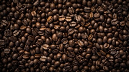Overhead shot of roasted Colombian coffee beans, freshly prepared for grinding. Concept: Culinary, specialty coffee, beverages, gourmet food, raw ingredient.