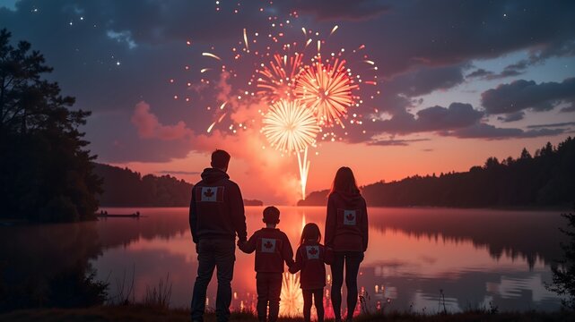 Family watching fireworks over a lake at sunset, under a starry night sky, with Canadian flags on their backs