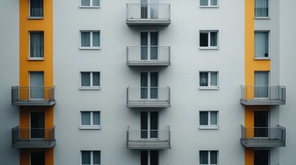 Obraz premium A striking modern apartment building featuring bold architectural elements, showcasing a blend of contemporary design and urban living against a textured facade.