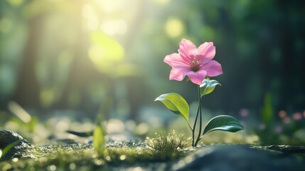 Solitary Pink Flower in Forest at Dawn