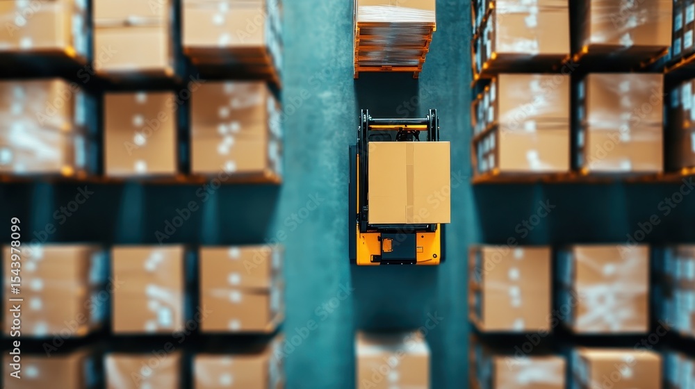 Poster an aerial perspective of a forklift navigating through a warehouse filled with neatly stacked boxes,