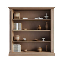 A photorealistic render of an elegant Bookcase featuring balanced shelving, contemporary style, and subtle decorative elements, isolated on transparent background