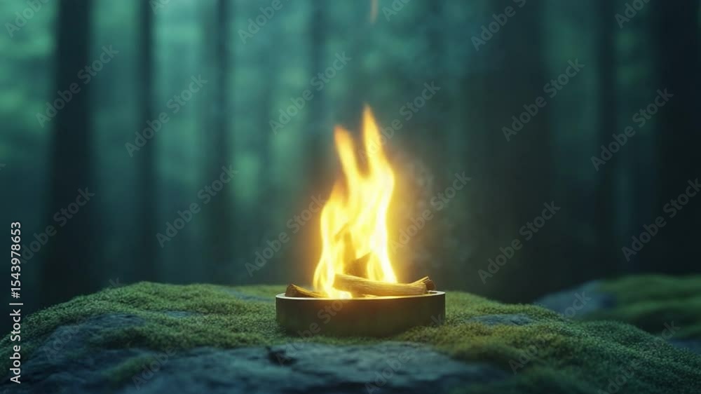Poster Mystical Flame: A mesmerizing image of a flickering fire, nestled in a stone setting, radiating warmth and light within a dense, verdant forest.