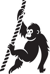 Young gorilla climbing rope silhouette, Playful ape activity vector black white