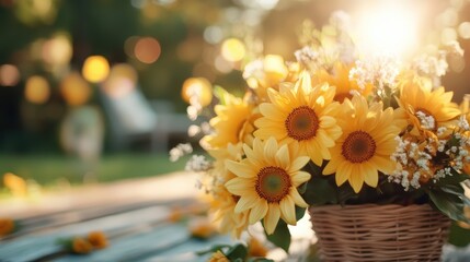 This image features a bright and cheerful bouquet of sunflowers basking in sunlight, symbolizing happiness, warmth, and the beauty of nature in an outdoor setting.