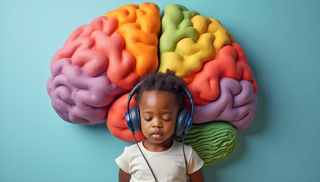 Autistic child with headphones in front of rainbow brain representing neurodiversity inclusion and therapy