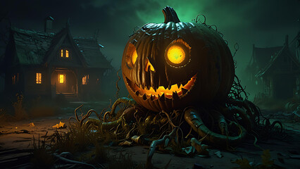 A massive rotting pumpkin creature with vine tentacles crawling through an abandoned village, glowing from within with eerie green light.