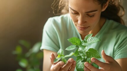 A woman admires her vibrant green mint plants, showcasing a connection to nature and the joy of nurturing plants in her indoor garden setting, promoting wellness and tranquility.