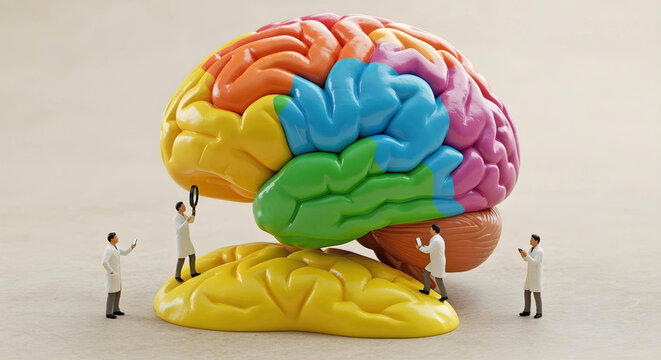 Tiny doctors examining large rainbow brain model symbolizing neurodiversity and autism therapy