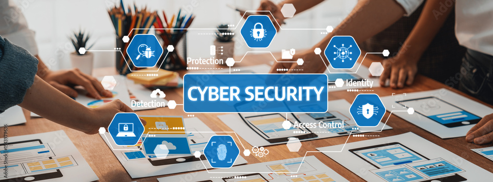 Aufkleber Cyber Security Concepts Visualized in a Modern Office Setting with Charts, Devices, and Team Collaboration for Digital Protection and Risk Management. Amity