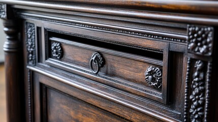 Close-up of a dark wooden drawer with intricate carvings.