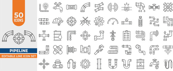 Pipeline & Plumbing Icon Set – 50 Editable Line Icons for Faucets, Taps, Valves, Oil, Gas & Water Systems. Editable Stroke. Vector illustration.