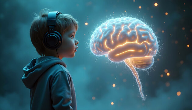 Autistic child wearing headphones observing glowing brain symbolizing neurodiversity and developmental therapy