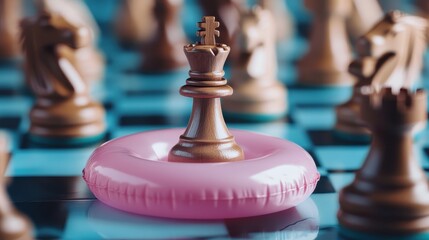 An unexpected image of a wooden chess king positioned on a pink inflatable float, symbolizing the unique fusion of strategy and playful aesthetics in the game of chess.