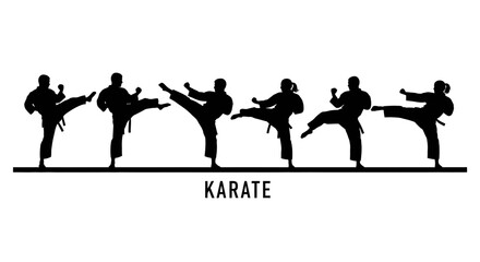 Silhouettes of Karate Practitioners in Dynamic Kicks and Stances