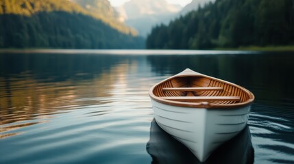 The serene image of a rowboat peacefully floating in clear mountain lake water surrounded by lush greenery captures the essence of tranquility and nature's beauty.